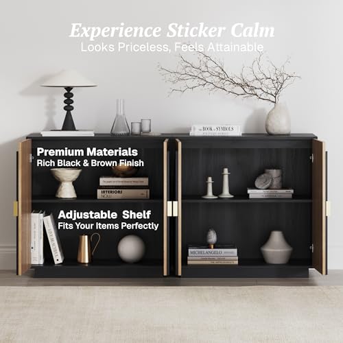 BELLEZE 65 Inch Fluted Buffet Cabinet with Storage, Caramel Brown U96619