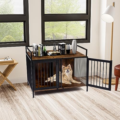 2 Rooms Dog Crate Furniture with Divider, Heavy Duty Indoor Dog Kennel, TV Stand A5274