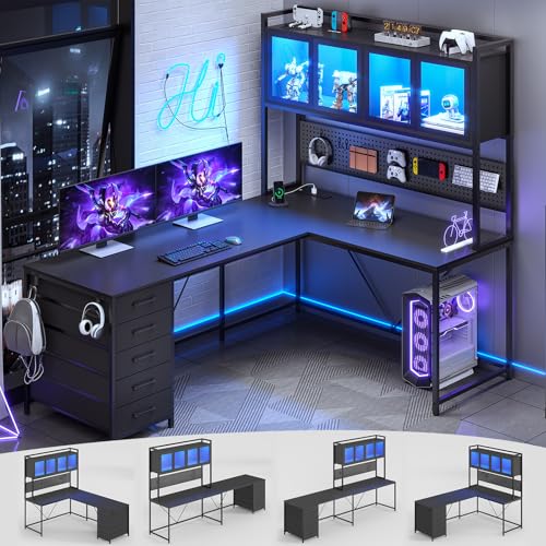 SEDETA L Shaped Gaming Desk with Drawers, LED Lights, and Power Outlet O3738