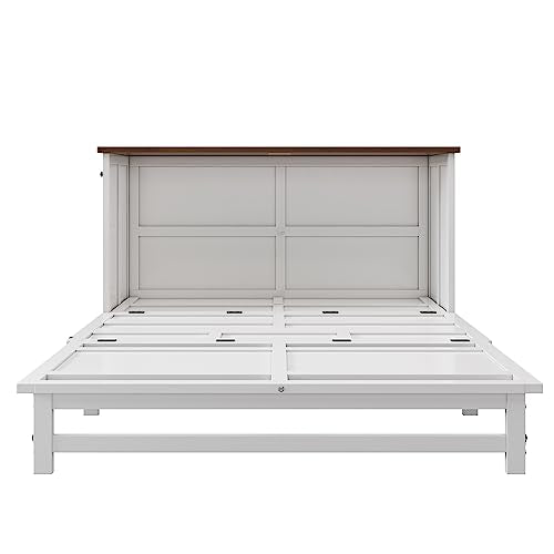 Ball & Cast Queen Size Solid Pine Murphy Bed with Charging Station, White + Walnut P2075