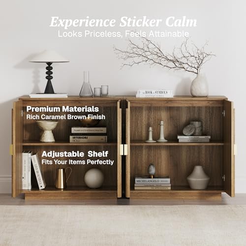 BELLEZE 65 Inch Fluted Buffet Cabinet with Storage, Caramel Brown U96619