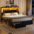 LED Bed Frame Full Size with Bookshelf Headboard, 2 Hidden Storage Drawers, Upholstered Platform Metal Bed Frame with Charging Station, Metal Slats Support, Noise Free, No Box Spring Needed