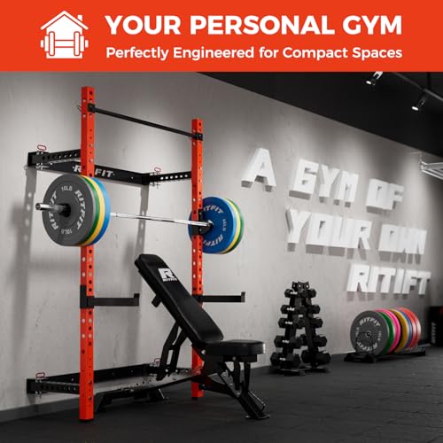 RitFit Multi-Functional Folding Squat Rack for Home Gym, Wall Mounted with Attachments V171188