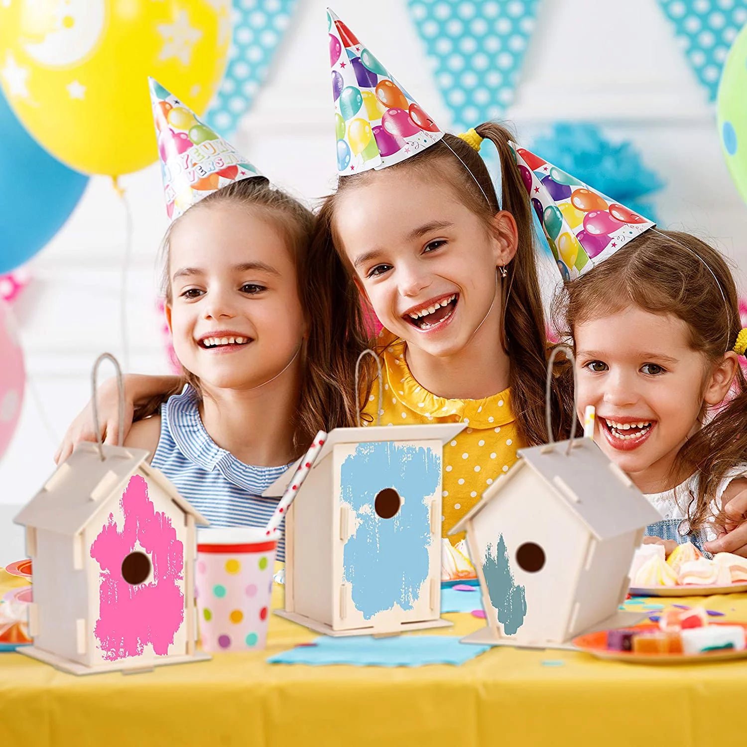 12 Wooden Birdhouse Crafts for Kids - DIY Unfinished Kits with Paint & Brushes I21811