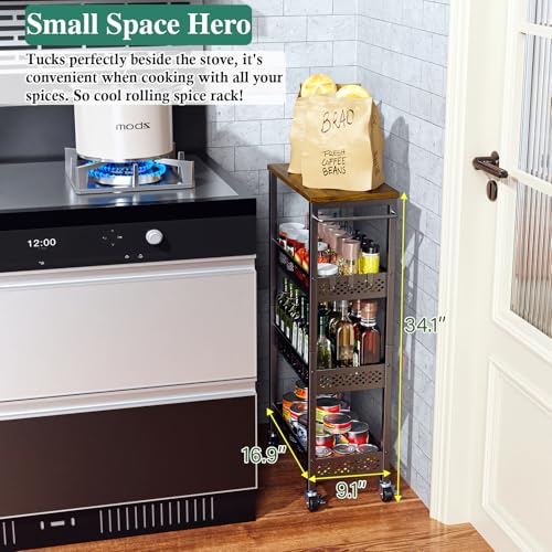 Utility Slim Storage Cart 4-Tier Rolling Cart with Wood Top A517006