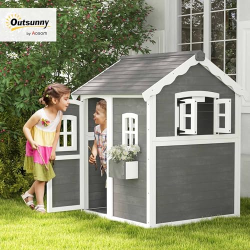 Outsunny Wooden Playhouse for Kids with Floor, Door, Windows & Planter Box, Gray J692318
