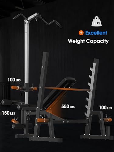 JX FITNESS Olympic Weight Bench with LAT Pulldown and Preacher Curl Pad Q33999