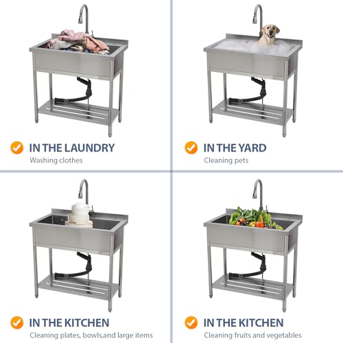 Lordear Stainless Steel Utility Sink 24 Inch Single Bowl Freestanding O589484