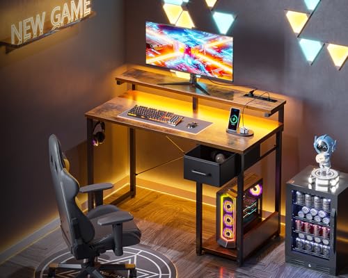 AODK Gaming Desk with LED Lights & Power Outlet, 40 Inch, Black T67329