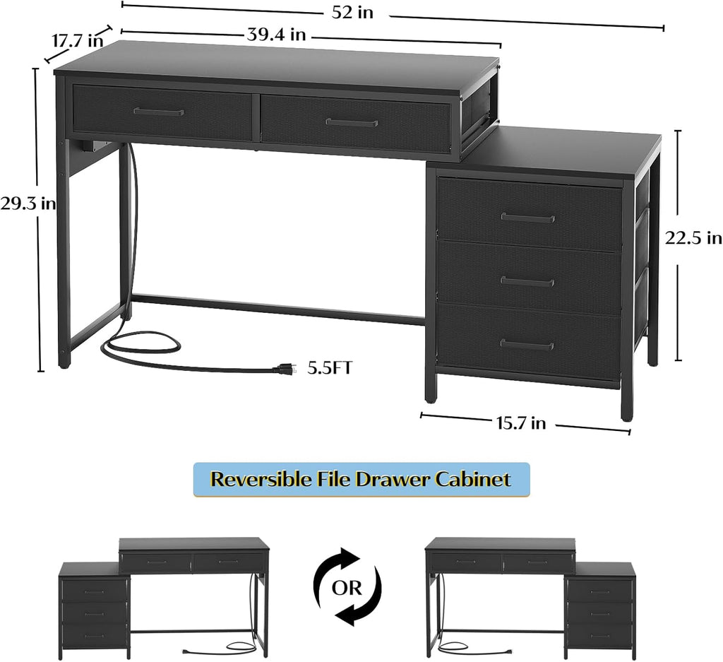 Computer Desk with 5 Drawers, Power Outlets and USB Ports, Black C972