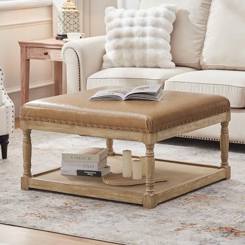 33-Inch Large Square Ottoman Coffee Table for Living Room, Leather Ottoman Foot Rest Stool, Upholstered Coffee Table with Storage Shelf for Bedroom, Studio, Office(Brown)