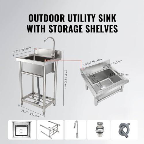 VEVOR Stainless Steel Utility Sink with Workbench Faucet and Legs, 39.4 x 19.1 x 37.4 in L559