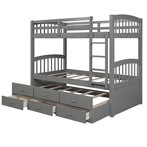 Harper & Bright Designs Twin Over Twin Bunk Bed with Storage Drawers, Solid Wood, Espresso P440327