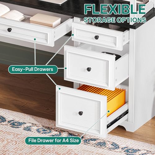 YITAHOME Executive Desk with Hutch, Drawers, Power Outlet & LED Lights, White & Black Z850393