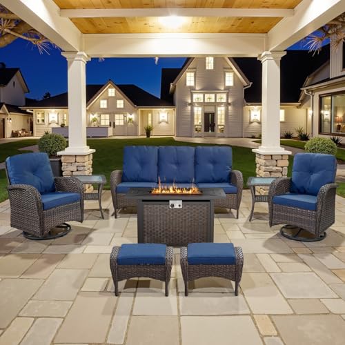 Outdoor Wicker Swivel Rocker Chairs Set of 2 with Rattan Side Table, Brown/Blue B592