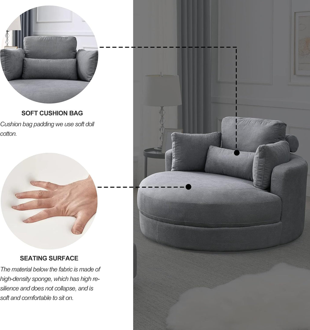 Welike Swivel Accent Barrel Chair with Ottoman, Dark Grey Linen Fabric I52821