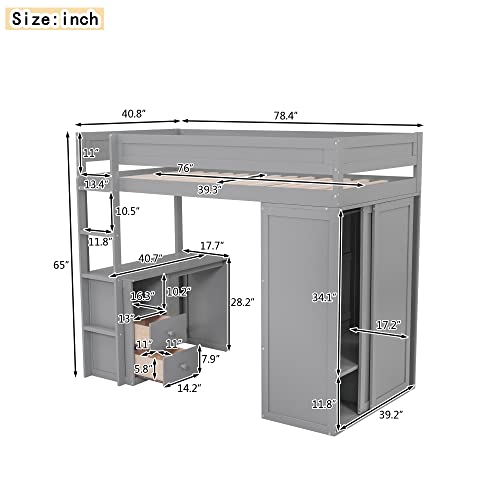 Full Size Loft Bed with Storage Wardrobe and Desk for Kids Teens Adults White K66587