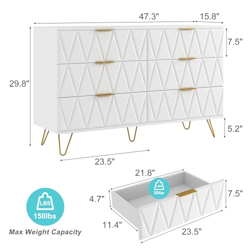 Vibe & Dine White 6 Drawer Dresser with Gold Handles N790944