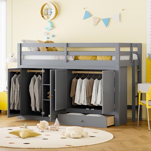 Harper & Bright Designs Twin Size Loft Bed with L-Shaped Desk and Stairs, Solid Wood, White D768