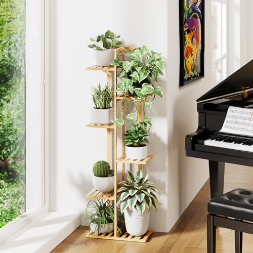 ROSSNY 48 Inch Tall 6-Tier Bamboo Plant Stand for Indoor Plants, Corner Plant Shelf, Natural W935552