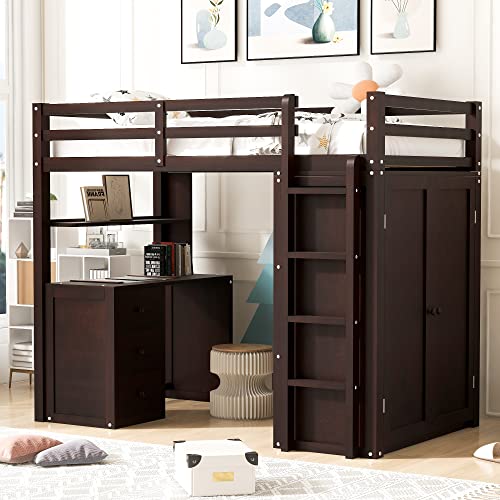 Harper & Bright Designs Full Loft Bed with Desk, Wardrobe, Solid Wood N868457