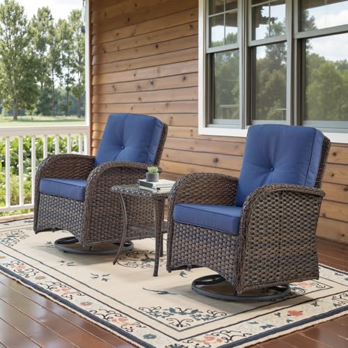 Outdoor Wicker Swivel Rocker Chairs Set of 2 with Rattan Side Table, Brown/Blue B592