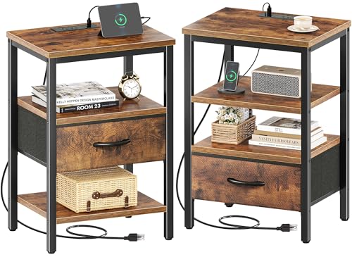 SUPERJARE Nightstand with Charging Station, Fabric Drawer, 3-Tier Storage, Walnut K366263