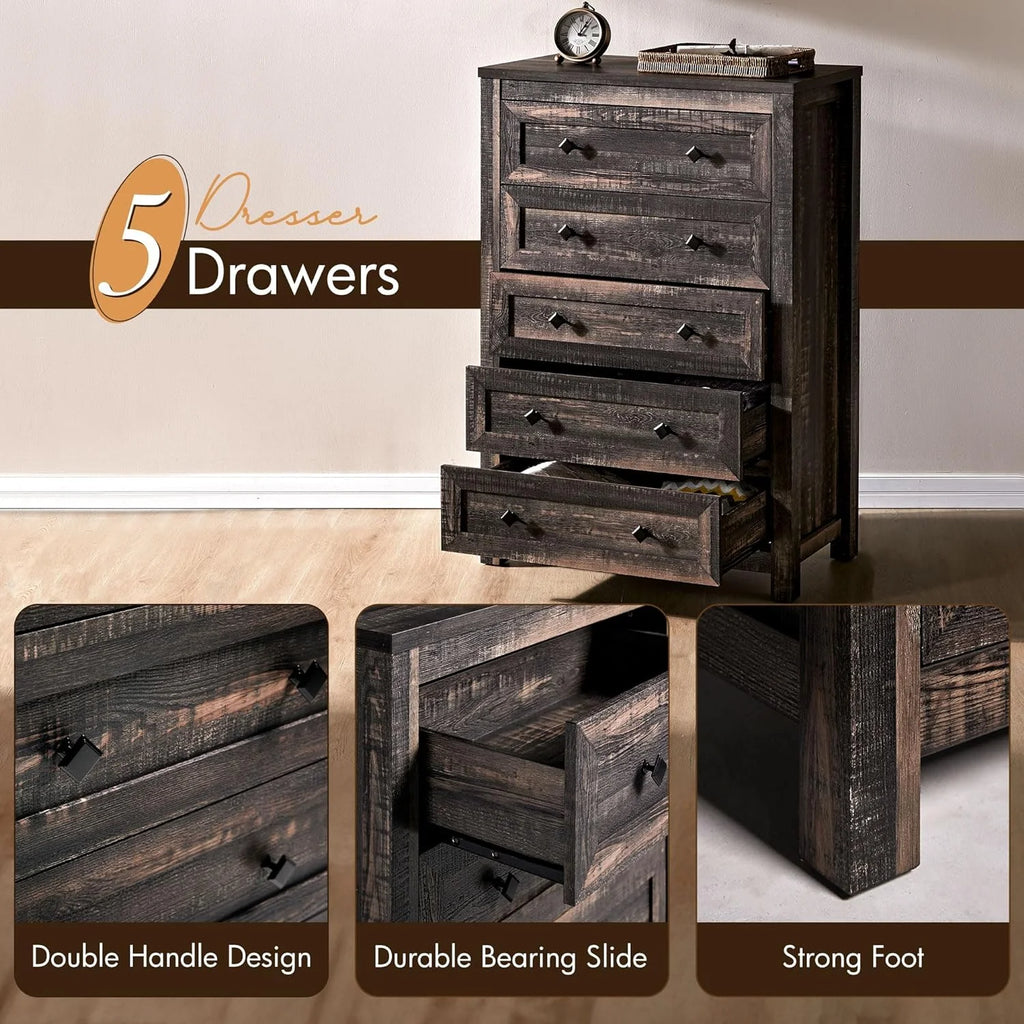 Amerlife 5 Drawers Dresser for Bedroom, Dark Oak A540261