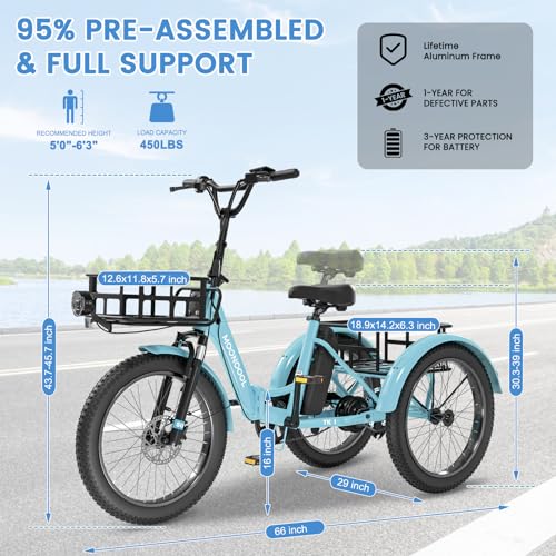 MOONCOOL Electric Trike for Adults, 20" Folding 3-Wheel Ebike, 500W Motor, Removable Battery W50658