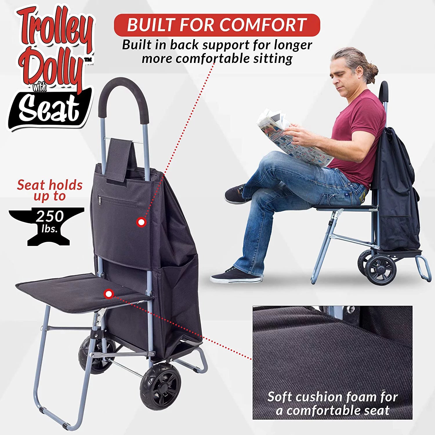 dbest products Trolley Dolly Foldable Shopping Cart with Seat, Black T9683