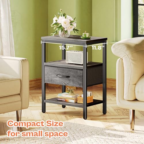SUPERJARE Nightstand with Charging Station, Fabric Drawer, 3-Tier Storage, Walnut K366263