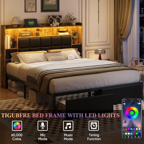 LED Bed Frame Full Size with Bookshelf Headboard and Charging Station R978868