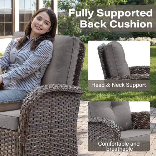 Outdoor Wicker Swivel Rocker Chairs Set of 2 with Rattan Side Table, Brown/Blue B592