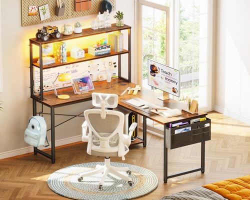 AODK L Shaped Gaming Desk with LED Light & Power Outlet, Grey Oak P41493