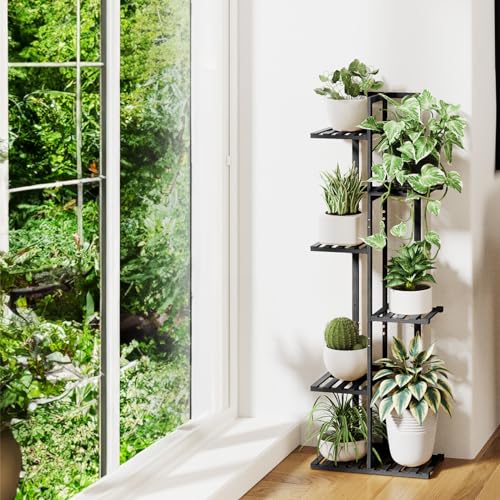 ROSSNY 48 Inch Tall 6-Tier Bamboo Plant Stand for Indoor Plants, Corner Plant Shelf, Natural W935552