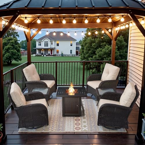 Outdoor Wicker Swivel Rocker Chairs Set of 2 with Rattan Side Table, Brown/Blue B592