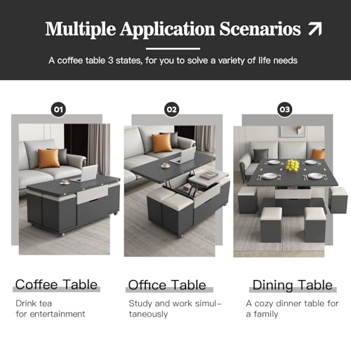 Modern Lifting Coffee Table with 4 Stools and Storage D3758