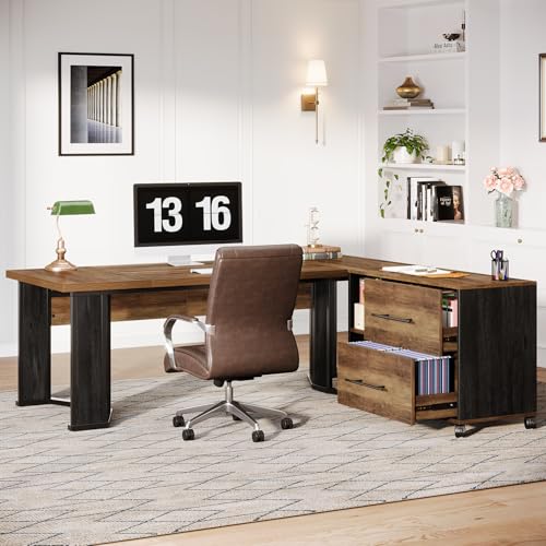 Tribesigns 70.86" L Shaped Executive Desk with Mobile File Cabinet, Brown and Black J5967