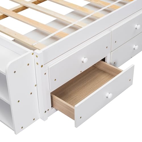 SOFTSEA Full Size Platform Bed with Storage Drawers and Bookcase Headboard, White V613109