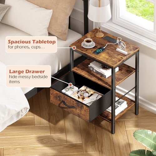SUPERJARE Nightstand with Charging Station, Fabric Drawer, 3-Tier Storage, Walnut K366263