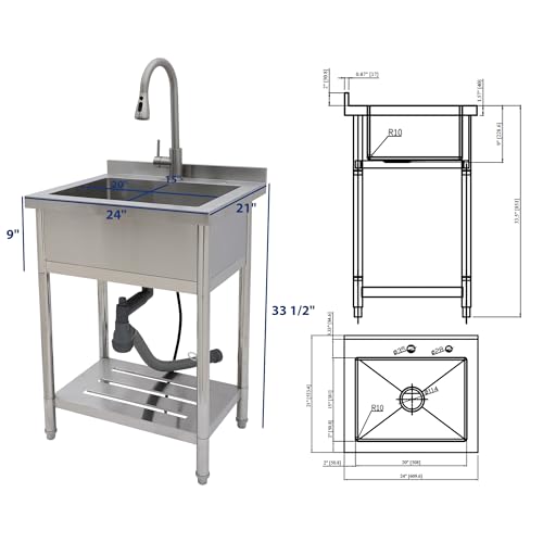 Lordear Stainless Steel Utility Sink 24 Inch Single Bowl Freestanding O589484