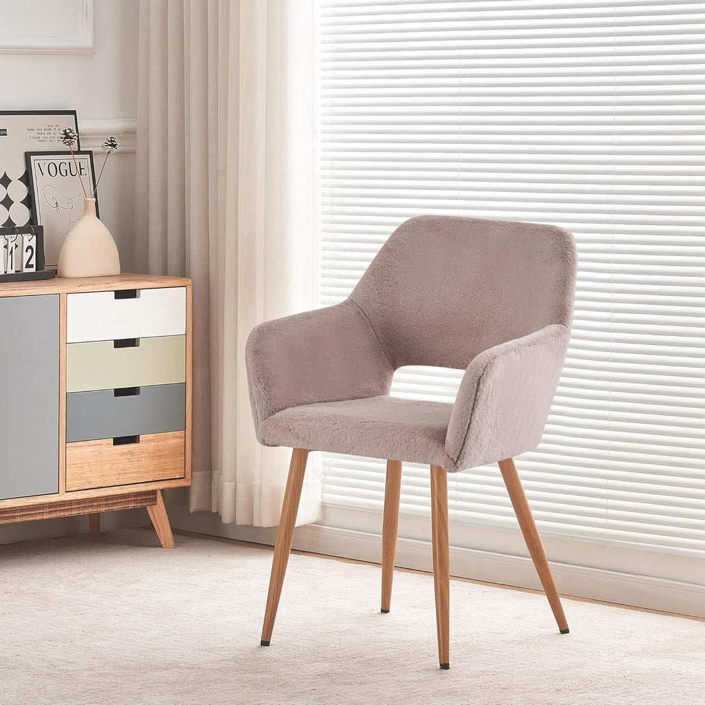 Faux Fur Side Reception Chair, Vanity Chair Desk Chair Small Home Office Accent Chair Cute Chair with Wood Metal Legs for Bedroom Makeup Living Room,Grey