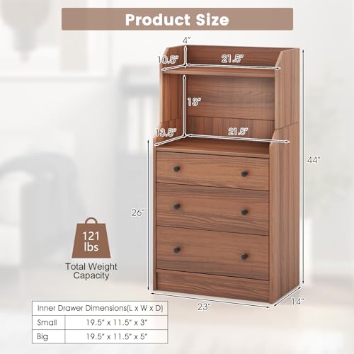 LOKO 3 Drawers Dresser with Shelves, Tall Nightstand, Anti-Toppling Device, Walnut T9199