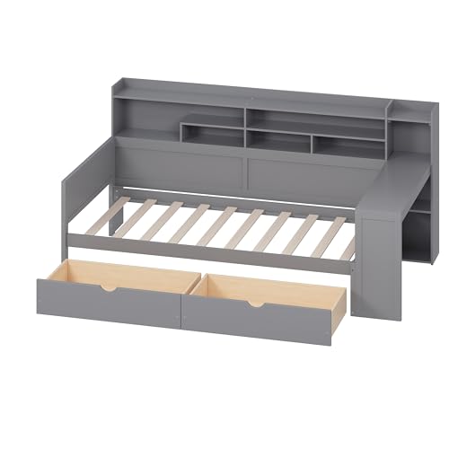 Bellemave Twin Corner Bed Frame with Storage Shelves and Desk, Gray L74206