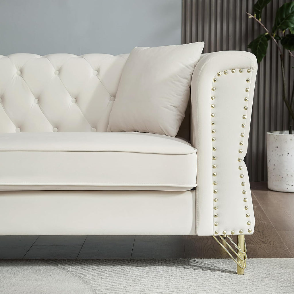 Chesterfield Sofa Grey Velvet 3 Seater Tufted Couch with Metal Foot and Nailhead N623406