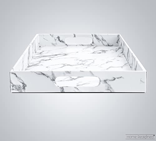 White Marble Faux Leather Decorative Tray with Handles D972626