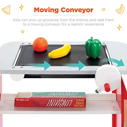 Pretend Play Grocery Store Wooden Supermarket Toy Set for Kids with Play Food, Cash Register, Conveyor - Red I3448