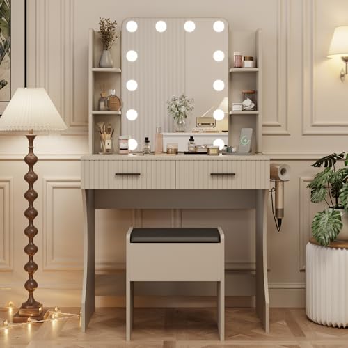 White Vanity Desk with LED Mirror and Storage Stool D5834