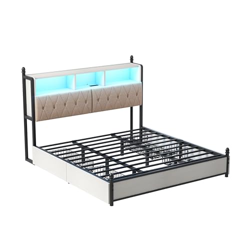 AMERLIFE Full Size Bed Frame with Bookcase Headboard, Charging Station, Rustic Brown H544