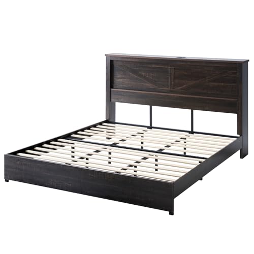 AMERLIFE King Bed Frame with Bookcase Headboard and Charging Station V4787